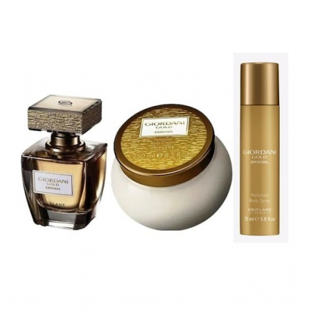 Set cadou pentru Ea, parfum de femei Giordani Gold Essenza insotit de crema corp, deodorant spray, trandafir auriu din plastic suflat la baza cu aur si insigna Dactylion cu mesaj motivational [1]