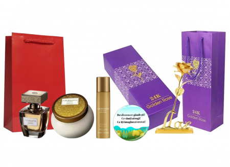 Pungi cadou femei - Set cadou pentru Ea, parfum de femei Giordani Gold Essenza insotit de crema corp, deodorant spray, trandafir auriu din plastic suflat la baza cu aur si insigna Dactylion cu mesaj motivational