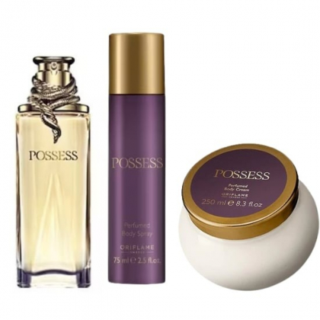 Set cadou pentru Ea, parfum de femei Posses insotit de crema corp, deodorant spray, trandafir auriu din plastic suflat la baza cu aur si insigna Dactylion cu mesaj motivational [1]