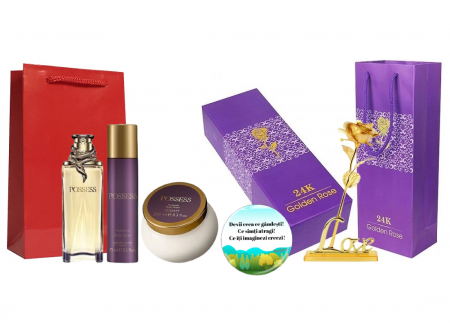 Pungi cadou speciale - Set cadou pentru Ea, parfum de femei Posses insotit de crema corp, deodorant spray, trandafir auriu din plastic suflat la baza cu aur si insigna Dactylion cu mesaj motivational