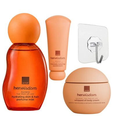 Cremă de maini - Set cadou portocaliu Avon HerWisdom Baobab pentru corp si par, crema aerata 180 ml, balsam reparator Wonderbalm 50 ml, spray parfumat, cuier autoadeziv transparent