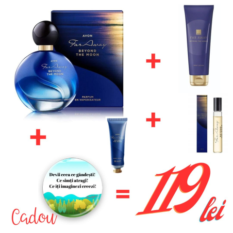Parfumuri - Set cadou premium Far Away Beyond the Moon – parfum 50 ml + loțiune de corp 125 ml + mini parfum 10 ml + cremă de mâini 30 ml + insignă motivațională cadou