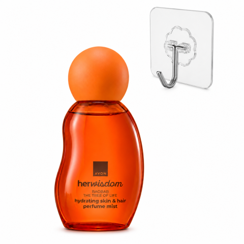 ÎNGRIJIRE PERSONALĂ - Set cadou spray parfumat portocaliu Avon HerWisdom Baobab pentru corp si par, efect hidratant, cuier transparent 5.6 x 5.6 cm, autoadeziv, carlig inox