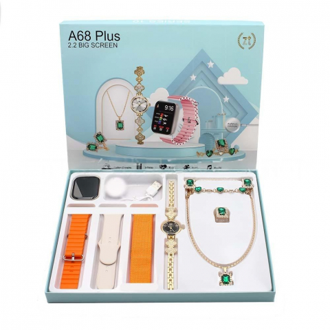 Bijuterii Cadou - Set ceas smartwatch si bijuterii (colier, inel, bratara, ceas), 3 curele interschimbabile