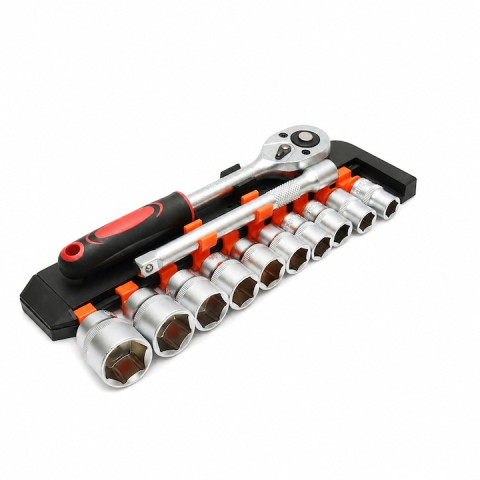 Chei si clesti - Set chei tubulare 12 piese 3/8 inch, 10-24 mm, cu clichet reversibil si prelungitor 150 mm, crom vanadiu, pentru reparatii auto si bricolaj