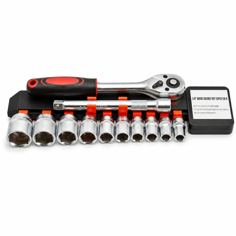 Set chei tubulare 12 piese 3/8 inch, 10-24 mm, cu clichet reversibil si prelungitor 150 mm, crom vanadiu, pentru reparatii auto si bricolaj [3]