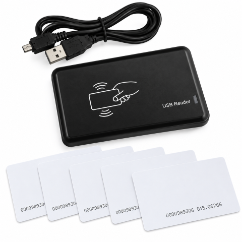 ELECTRONICE - Set cititor carduri RFID 125 kHz negru cu 5 carduri de acces TK4100 albe 86 x 54 x 0,76 mm