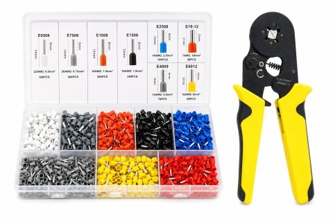 Truse cu scule - Set cleste sertizare 0.25-10 mm² cu trusa 1800 pini terminali izolati, 8 dimensiuni, ferule electrice multicolore pentru cabluri