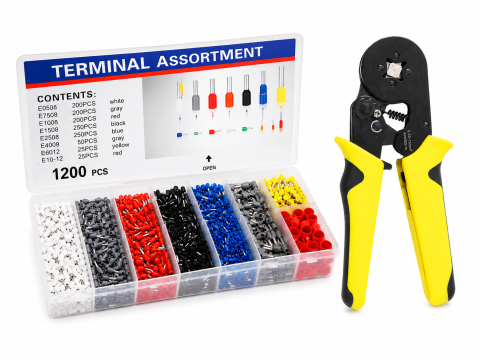 Chei si clesti - Set cleste sertizare galben-negru 0.25-10 mm² cu trusa 1200 pini terminali electrici, ferule izolate multicolore pentru cabluri