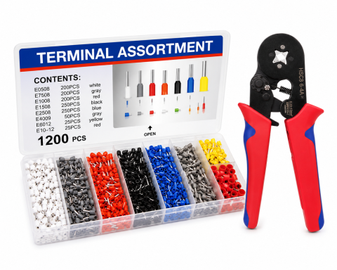 Diverse Unelte - Set cleste sertizare rosu-albastru cu 1200 pini terminali electrici, 0.25-10 mm², ferule izolate multicolore cu cutie organizatoare