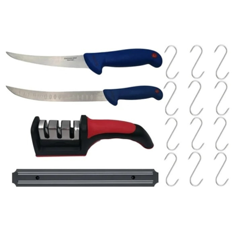 CASA & GRADINA - Set complet cutite bucatarie si macelarie cu suport magnetic, ascutitoare si 12 carlige inox, otel rezistent, utilizare profesionala
