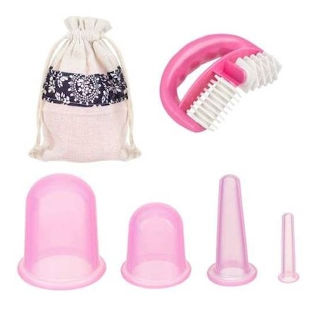 Ustensile îngrijire - Set complet de masaj cu 4 ventuze si 1 rola din cauciu, sac depozitare inclus - Roz