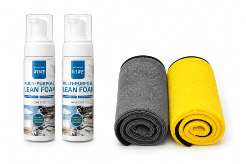Alte articole auto - Set complet pentru curatare auto si casa, 2 spume active multisuprafete 200 ml si 2 lavete premium din microfibra 30 x 30 cm