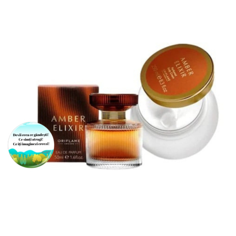 Set Ingrijire femei - Set complet pentru Ea Amber Elixir (apa de parfum, crema de corp), insotit de insigna Dactylion cu mesaj motivational