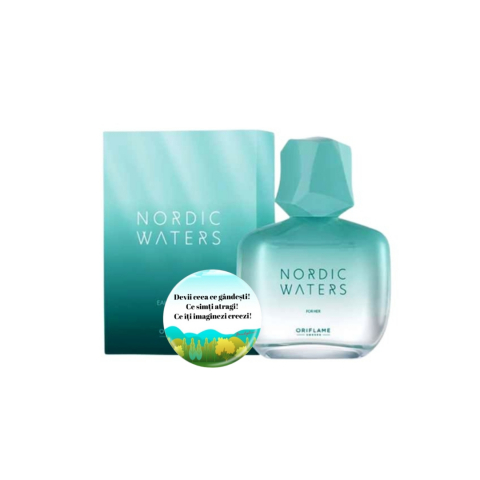 Set Ingrijire femei - Set complet pentru Ea, Apa de parfum Nordic Waters 50 ml, insotit de insigna Dactylion cu mesaj motivational,
