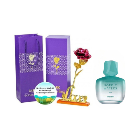 Set Ingrijire femei - Set complet pentru Ea, Apa de parfum Nordic Waters 50 ml, insotit de insigna Dactylion cu mesaj motivational, cadou un trandafir rosu suflat la baza cu aur