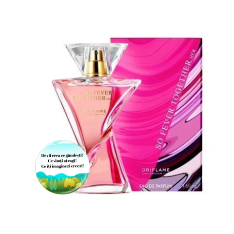 Set Ingrijire femei - Set complet pentru Ea, Apa de parfum So Fever Together, insotit de insigna Dactylion cu mesaj motivational