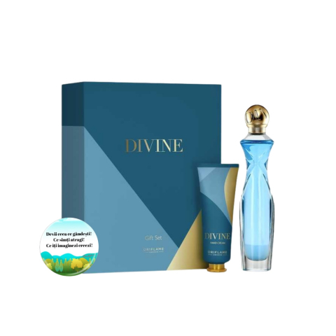 Set Ingrijire femei - Set complet pentru Ea Divine (apa de parfum, crema de maini), insotit de insigna Dactylion cu mesaj motivational