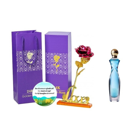 Set Ingrijire femei - Set complet pentru Ea, parfum de femei Divine, insotit de insigna Dactylion cu mesaj motivational, cadou un trandafir rosu suflat la baza cu aur
