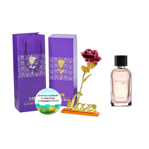 Set Ingrijire femei - Set complet pentru Ea, parfum de femei Eclat Amour, insotit de insigna Dactylion cu mesaj motivational, cadou un trandafir rosu suflat la baza cu aur