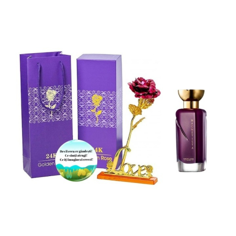 PARFUMURI & SETURI - Set complet pentru Ea, parfum de femei Magnetista, insotit de insigna Dactylion cu mesaj motivational, cadou un trandafir rosu suflat la baza cu aur