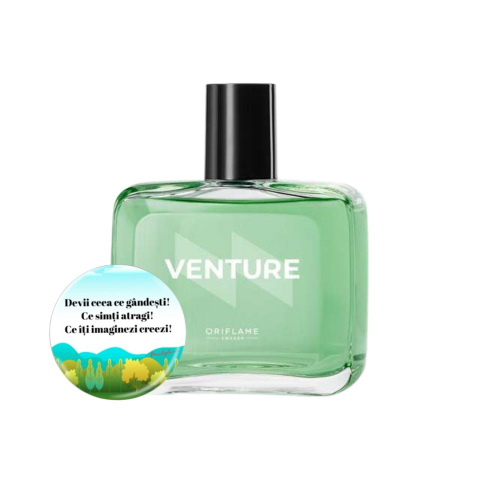 PARFUMURI & SETURI - Set complet pentru El, Apa de toaleta pentru barbati Venture 100 ml, insotit de insigna Dactylion cu mesaj motivational