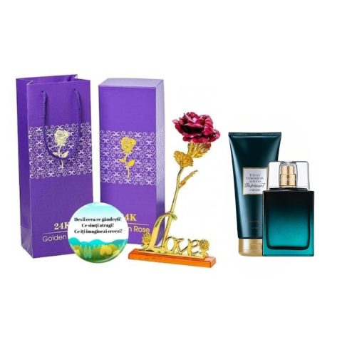 Set complet pentru El TTA The Moment (apa de toaleta, gel de dus pentru corp si par), insotit de insigna Dactylion cu mesaj motivational, cadou un trandafir rosu suflat la baza cu aur