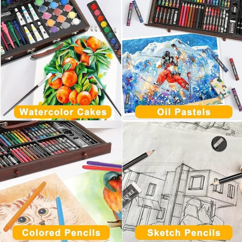 Set complet pentru pictura si desen, 123 piese, creioane, markere, acuarele, valiza lemn inclusa [7]