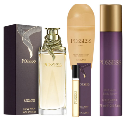 Set complet Possess Oriflame 50 ml, 8 ml, crema de corp 250 ml, deodorant spray 75 ml si roll-on 50 ml, parfum chipre fructat cu magnetism hipnotic inspirat de seductia Cleopatrei
