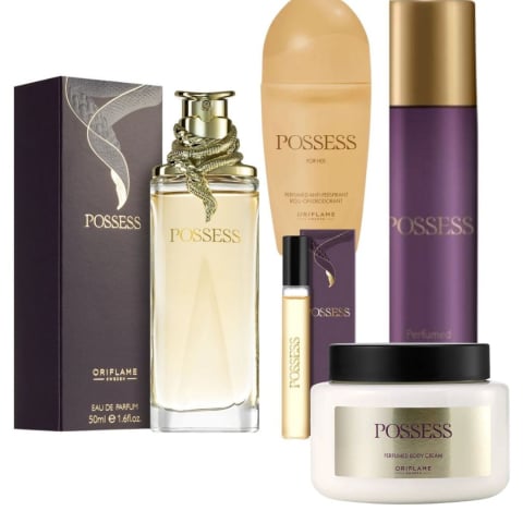 PARFUMURI & SETURI - Set complet Possess Oriflame 50 ml, 8 ml, crema de corp 250 ml, deodorant spray 75 ml si roll-on 50 ml, parfum chipre fructat cu magnetism hipnotic inspirat de seductia Cleopatrei