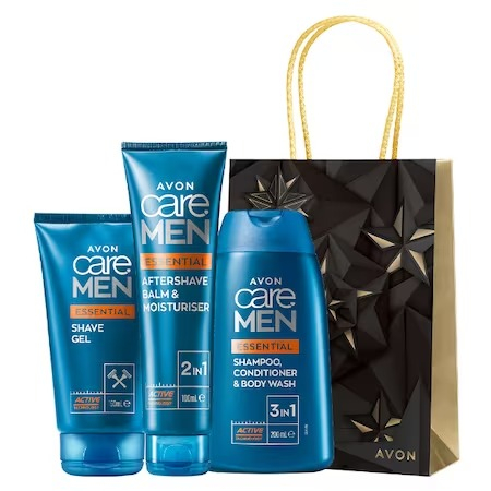 Pungi cadou - Set cosmetice pentru barbierit Avon Care Men, Sampon 3 in 1 200 ml/Gel de ras 150 ml/ Aftershave 2 in 1 100 ml, Punga cadou inclusa