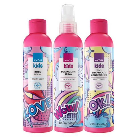 Ingrijire personala copil - Set cosmetice pentru copii Avon Kids, sampon si balsam 2in1, gel de dus, spray pentru descurcat parul, 200ml fiecare, multicolor