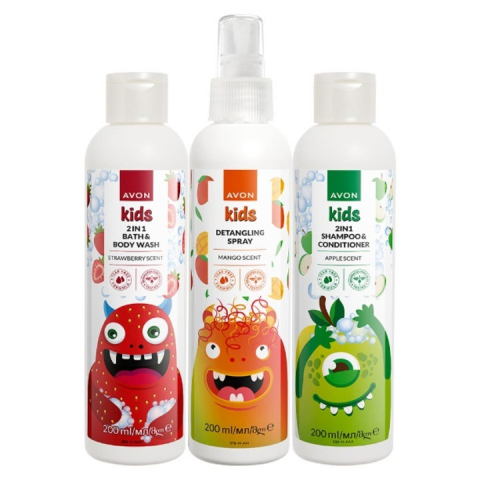 Ingrijire personala copil - Set cosmetice pentru copii Avon Kids, sampon si balsam 2in1 mar 200ml, gel de dus 2in1 capsuna 200ml, spray descurcator par mango 200ml