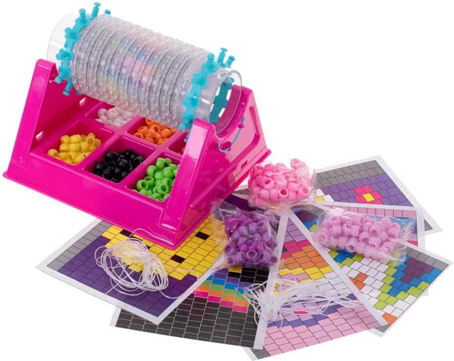 Set creativ pentru bratari cu margele, roz, razboi de tesut rotativ, accesorii complete si sabloane, kit handmade pentru copii 5+ ani [1]