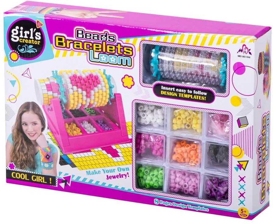 JOCURI ȘI JUCĂRII - Set creativ pentru bratari cu margele, roz, razboi de tesut rotativ, accesorii complete si sabloane, kit handmade pentru copii 5+ ani