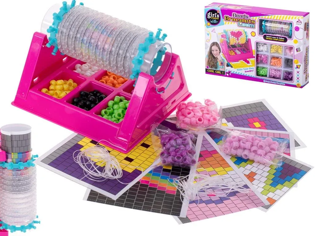 Set creativ pentru bratari cu margele, roz, razboi de tesut rotativ, accesorii complete si sabloane, kit handmade pentru copii 5+ ani [6]