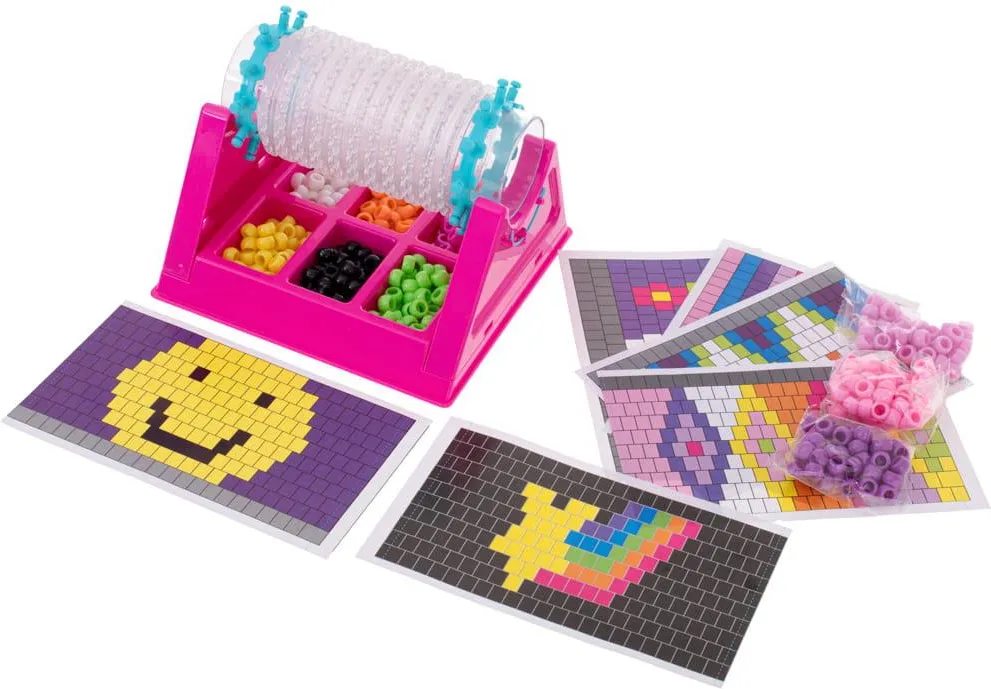 Set creativ pentru bratari cu margele, roz, razboi de tesut rotativ, accesorii complete si sabloane, kit handmade pentru copii 5+ ani [7]