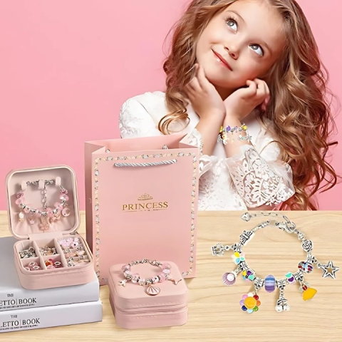 Set creativ pentru realizarea bratarilor si colierelor – 69 piese colorate, margele, pandantive, geanta depozitare si punga cadou, ideal pentru copii 3+ [1]