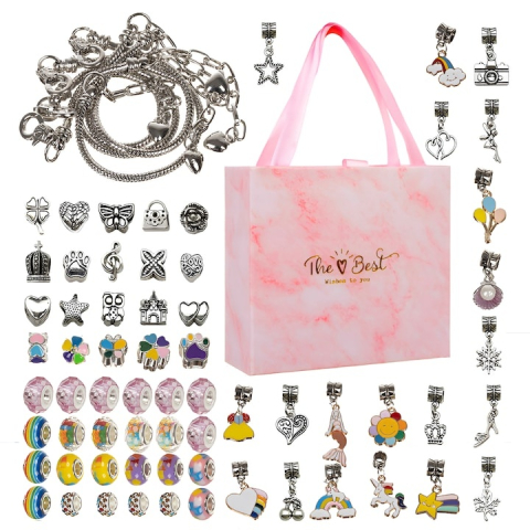 Set creativ pentru realizarea bratarilor si colierelor, cu bijuterii, pandantive si margele, 70 piese, 3 bratari, 3 coliere, pentru dezvoltarea abilitatilor manuale, geanta cu fermoar, multicolor [16]