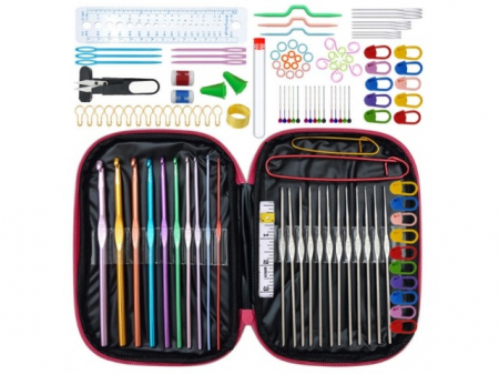 Mercerie - Set crosetat din aluminiu, 127 buc. Accesorii de tricotat cu husa, 0,5-6,5