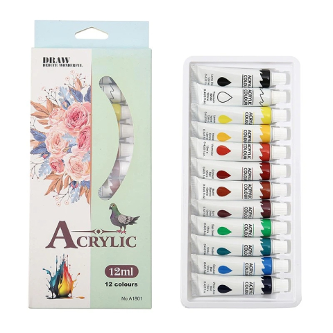 JOCURI ȘI JUCĂRII - Set culori acrilice pentru pictura 12 nuante intense 12 buc x 12 ml pentru panza, lemn si hartie, vopsea artistica non-toxica pentru hobby si arta