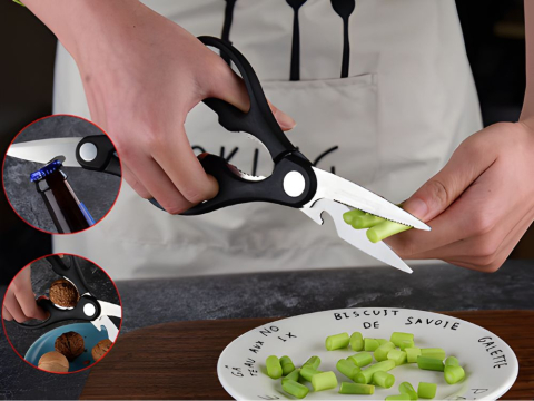 Set cutite bucatarie 6 piese, lame din otel inoxidabil cu strat antiaderent, foarfeca multifunctionala si curatator legume, manere ergonomice, negru [4]