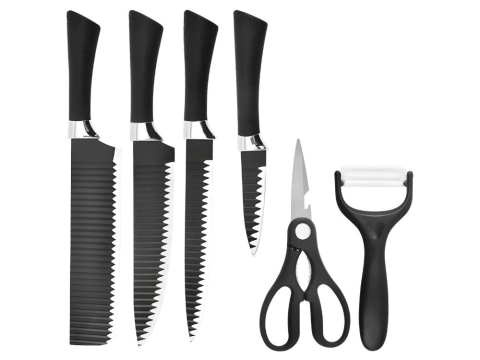 CASA & GRADINA - Set cutite bucatarie 6 piese, lame din otel inoxidabil cu strat antiaderent, foarfeca multifunctionala si curatator legume, manere ergonomice, negru
