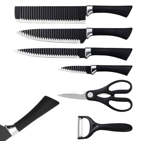 Set cutite bucatarie 6 piese, lame din otel inoxidabil cu strat antiaderent, foarfeca multifunctionala si curatator legume, manere ergonomice, negru [9]