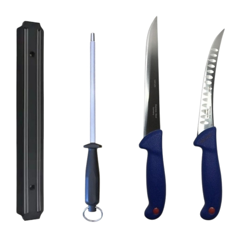 Cutite si tacamuri - Set cutite profesionale de macelarie, filetat, transat, dezosat, 2 cutite, otel carbon, suport magnetic, masat pentru ascutit
