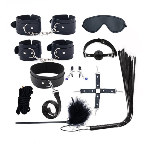 CADOURI - Set de 10 jucarii erotice pentru adulti, bandaj ochi, guler, bici, catuse, piele ecologica, negru