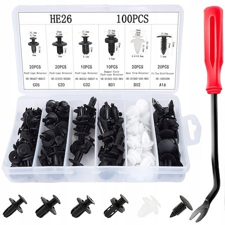 Alte articole auto - Set de 100 clipsuri demontare auto universale, 6 dimensiuni diferite + 1 surubelnita extractor metalic