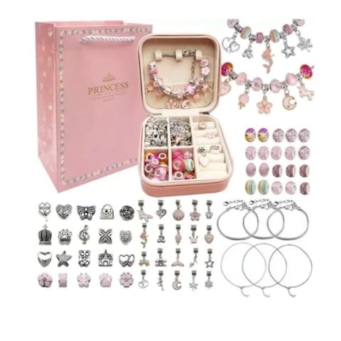 Set Bijuterii Cadou - Set de creatie bijuterii, 66 elemente, confectionare bratari si lantisoare din charmuri, pentru copii 5+ ani, pentru dezvoltarea imaginatiei, include punga cadou si cutie depozitare, multicolor