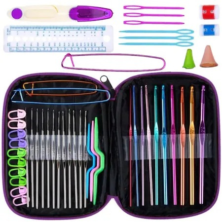 Mercerie - Set de crosetat complet cu 50 de piese,ace,carlige,accesorii + husa de depozitare inclusa