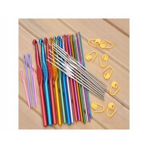 Set de crosetat, 50 piese, crosete ergonomice din aluminiu, accesorii complete, husa depozitare inclusa, multicolor [2]